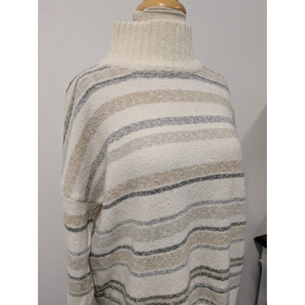 Eddie Bauer Beige Ivory Gray Striped Turtleneck Sweater sz M Classic Preppy - Picture 4 of 9